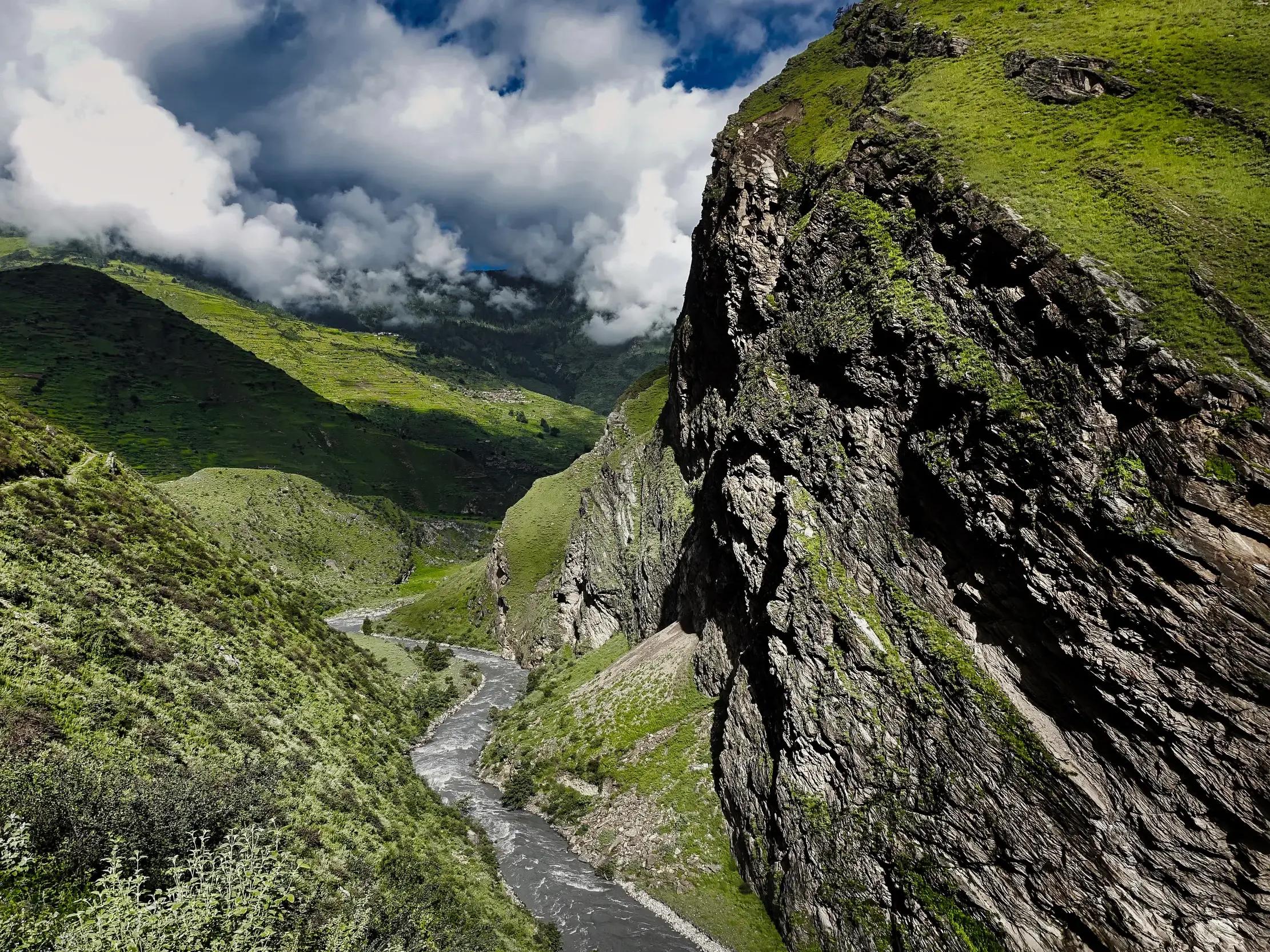 Blick von einem schmalen Wanderpfad in die grüne Schlucht des Tarap Khola Flusses während eines Trekkings in Dolpo, Nepal.