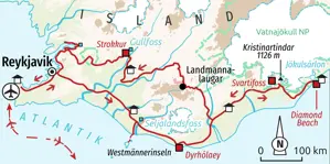 Karte der geführten Rundreise in Süd-Island: von Reykjavik zu den Westmännerinseln, Vatnajökull, Landmannalaugar und Gullfoss.