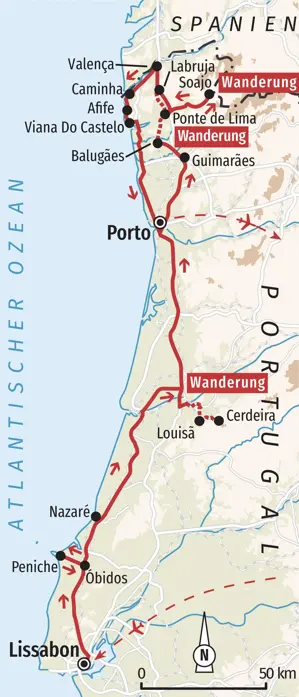 Karte der Wanderreise in Portugal: Route von Lissabon über Lousã und Porto nach Ponte de Lima und in den Peneda-Gerês Nationalpark.