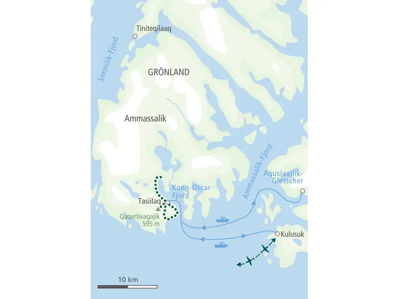 Routenverlauf der Wanderreise in Ostgrönland: Per Boot von Kulusuk nach Tasiilaq und zum Apusiaajiik-Gletscher.