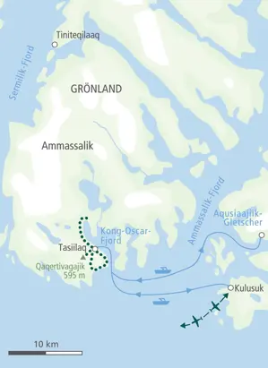Routenverlauf der Wanderreise in Ostgrönland: Per Boot von Kulusuk nach Tasiilaq und zum Apusiaajiik-Gletscher.