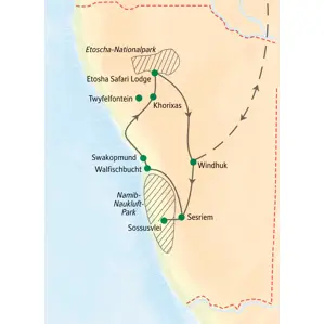 Karte der Familienreise in Namibia mit Route von Windhuk über Sossusvlei, Swakopmund und den Etoscha-Nationalpark.