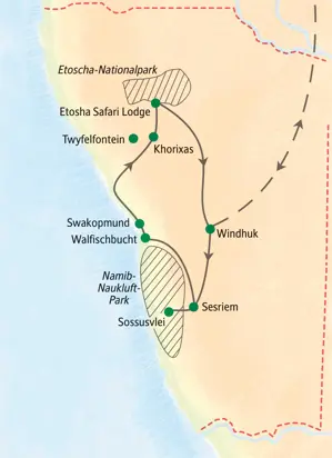 Karte der Familienreise in Namibia mit Route von Windhuk über Sossusvlei, Swakopmund und den Etoscha-Nationalpark.