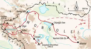 Karte der Hauser Trekkingreise in der West-Mongolei. Route von Ölgii durchs Altai-Gebirge zum Uureg-See und bis Uliastai.
