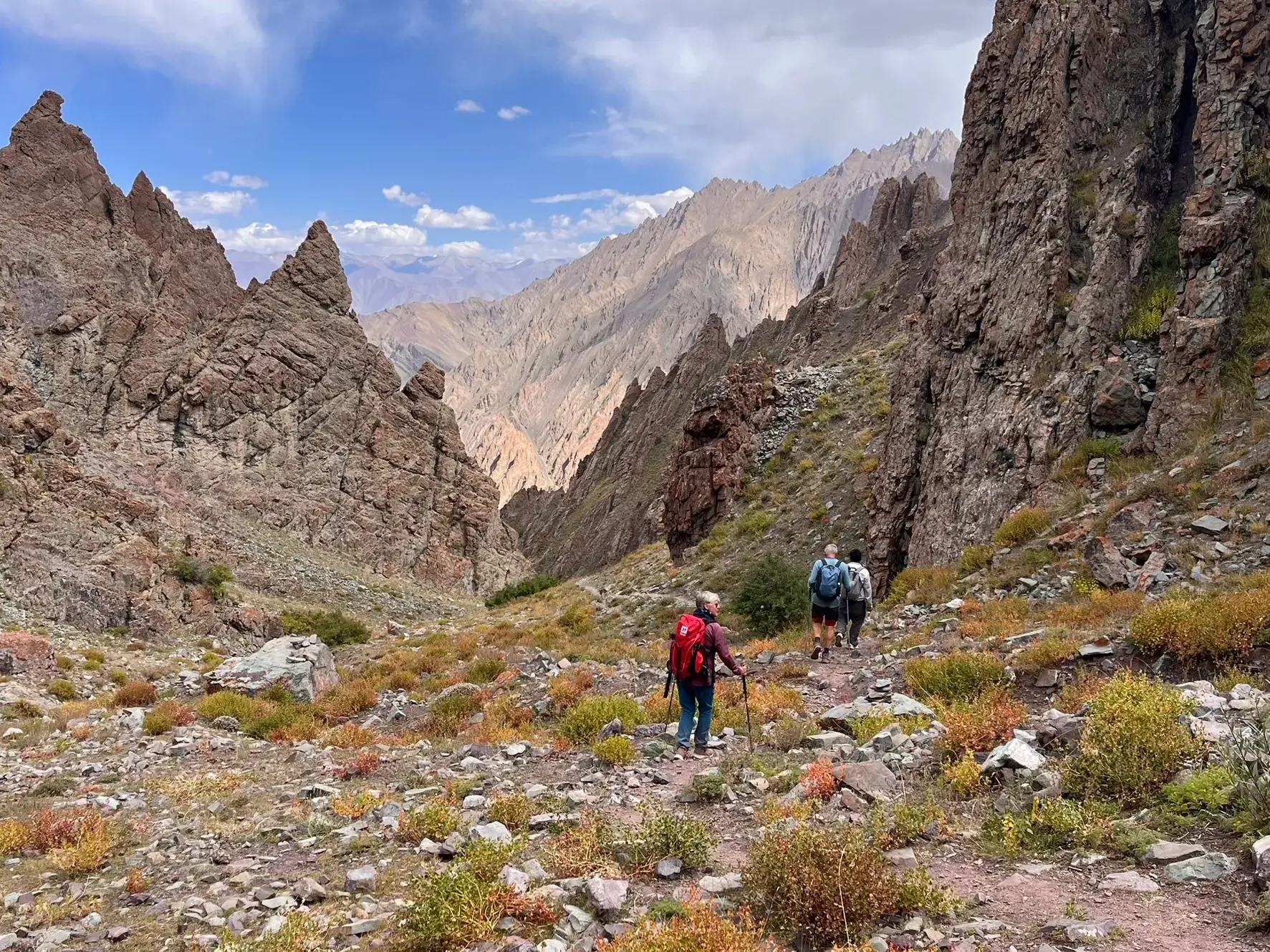 Eine Hauser-Reisegruppe beim Abstieg vom Stok La durch eine Schlucht mit beeindruckenden Felsformationen in Ladakh.