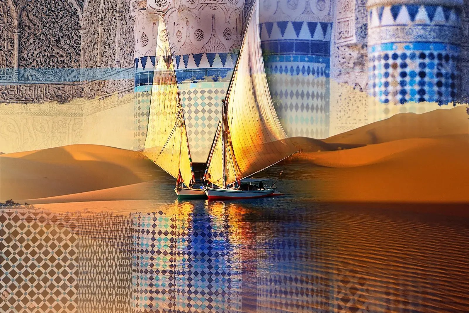 Fotomontage einer Ägypten-Studienreise: Feluken auf dem Nil, Wüstendünen und kunstvolle Mosaike von Tempeln.