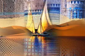 Fotomontage einer Ägypten-Studienreise: Feluken auf dem Nil, Wüstendünen und kunstvolle Mosaike von Tempeln.