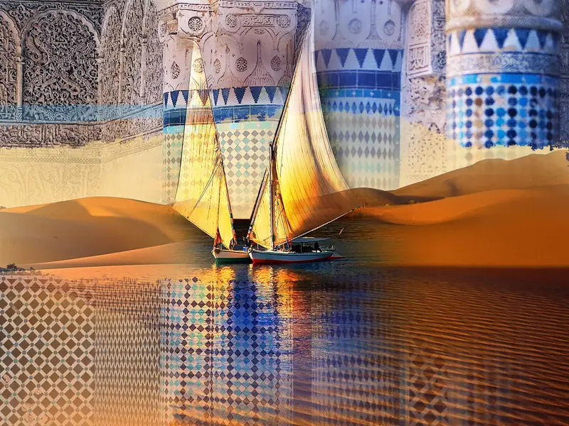Fotomontage einer Ägypten-Studienreise: Feluken auf dem Nil, Wüstendünen und kunstvolle Mosaike von Tempeln.