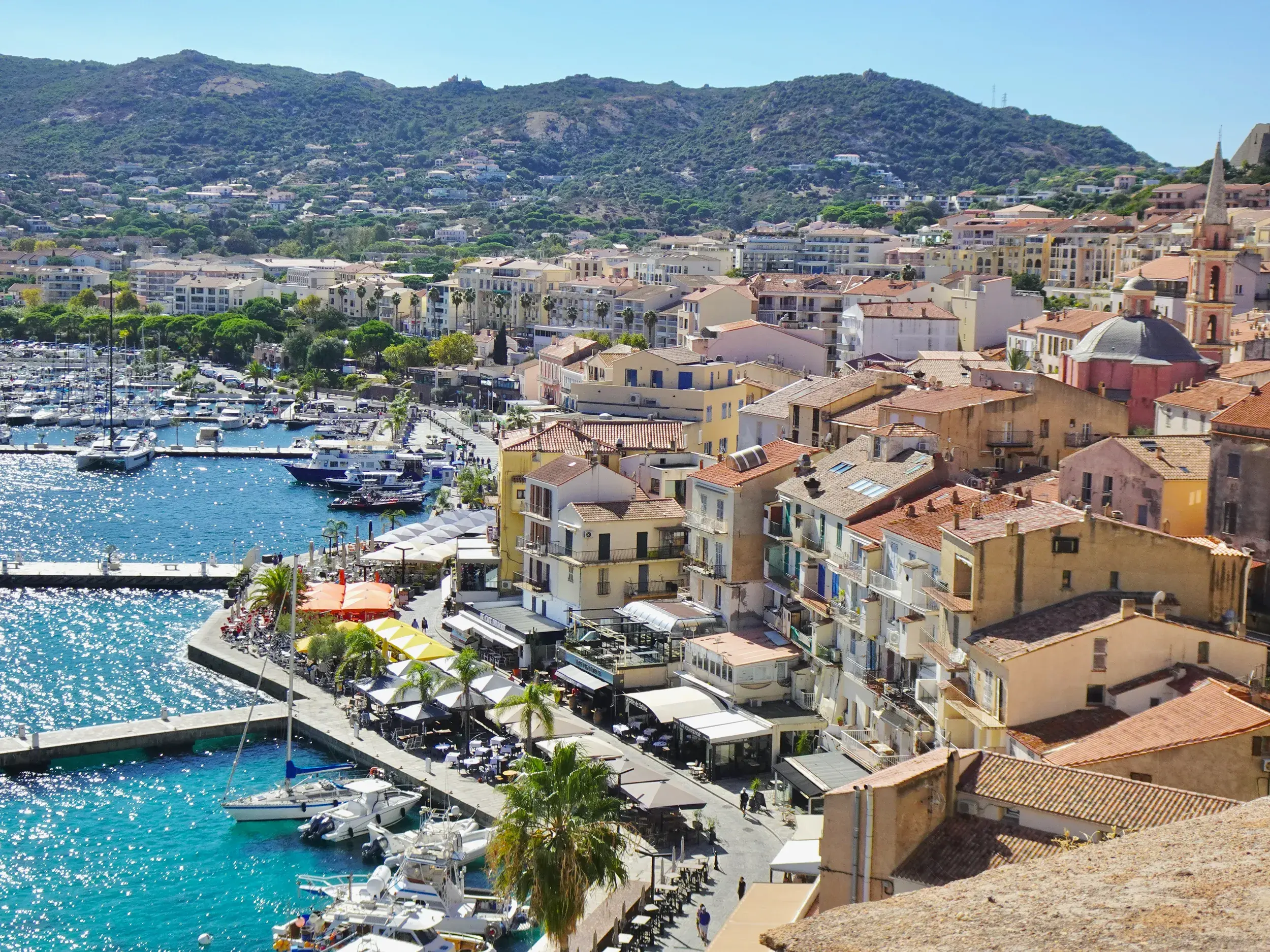 Panoramablick auf die Hafenstadt Calvi auf Korsika mit dem Hafen voller Boote und der Altstadt vor grünen Hügeln.