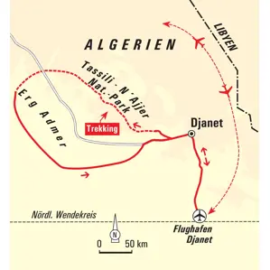 Karte unserer Trekkingreise in Algerien. Route von Djanet durch den Tassili n'Ajjer Nationalpark und die Dünen des Erg Admer.