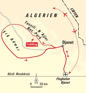 Übersichtskarte der Trekkingreise in Algerien: Route von Djanet durch den Tassili-N’Ajjer-Nationalpark zum Erg Admer und zurück.