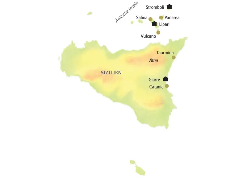 Karte der Studienreise auf die Äolischen Inseln und nach Sizilien mit der Route von Catania über Lipari, Stromboli und Taormina.