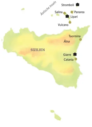 Karte der Studienreise auf die Äolischen Inseln und nach Sizilien mit der Route von Catania über Lipari, Stromboli und Taormina.