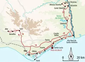 Karte der Hauser Wanderreise an der Ostalgarve mit Route von Faro und Alcoutim über Tavira, Alte und Olhão im Naturpark Ria Formosa.
