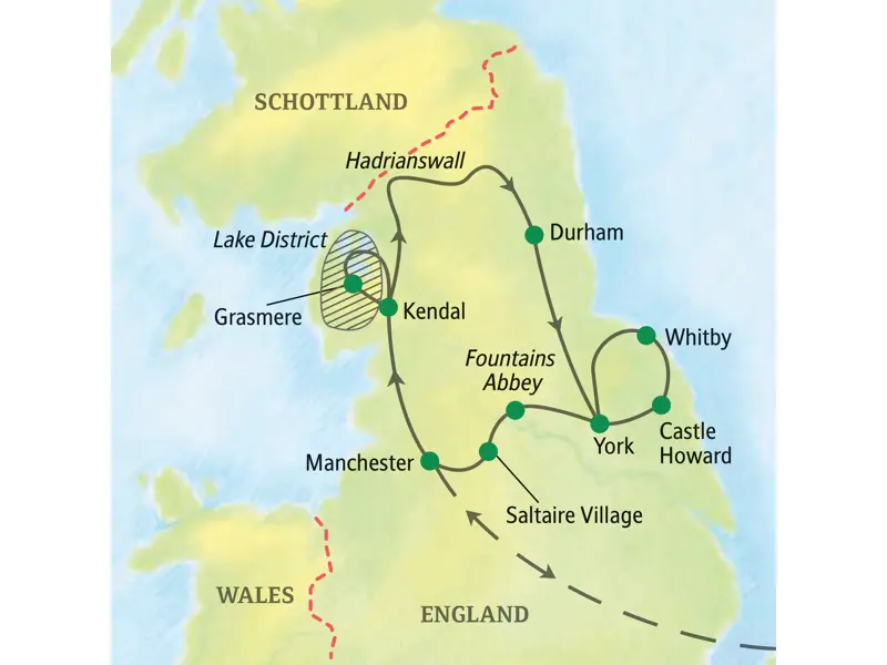 Karte der Studiosus-Studienreise durch Nordengland: Route von Manchester über den Lake District, Hadrianswall, Durham und York.