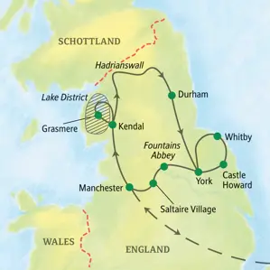 Karte der Studiosus-Studienreise durch Nordengland: Route von Manchester über den Lake District, Hadrianswall, Durham und York.