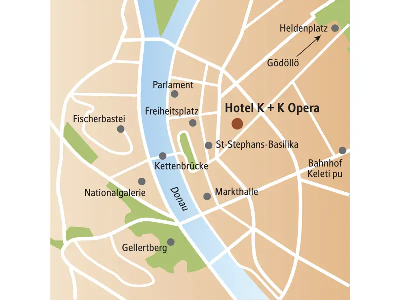 Karte der Studiosus Städtereise in Budapest. Sie zeigt die zentrale Lage von Parlament, Fischerbastei und St.-Stephans-Basilika.