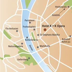 Karte der Studiosus Städtereise in Budapest. Sie zeigt die zentrale Lage von Parlament, Fischerbastei und St.-Stephans-Basilika.