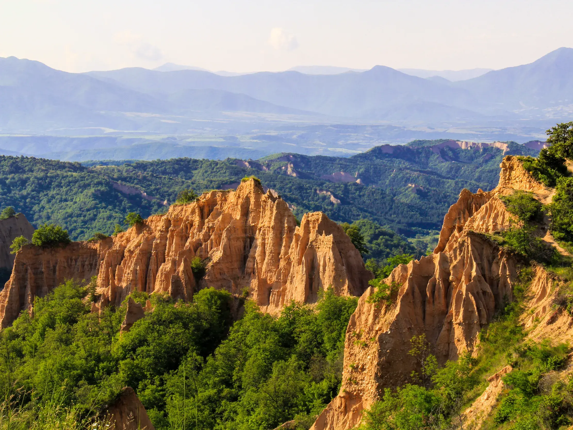 Markante Sandpyramiden von Melnik ragen aus grüner Vegetation auf, im Hintergrund die Bergkette des Pirin-Gebirges in Bulgarien.