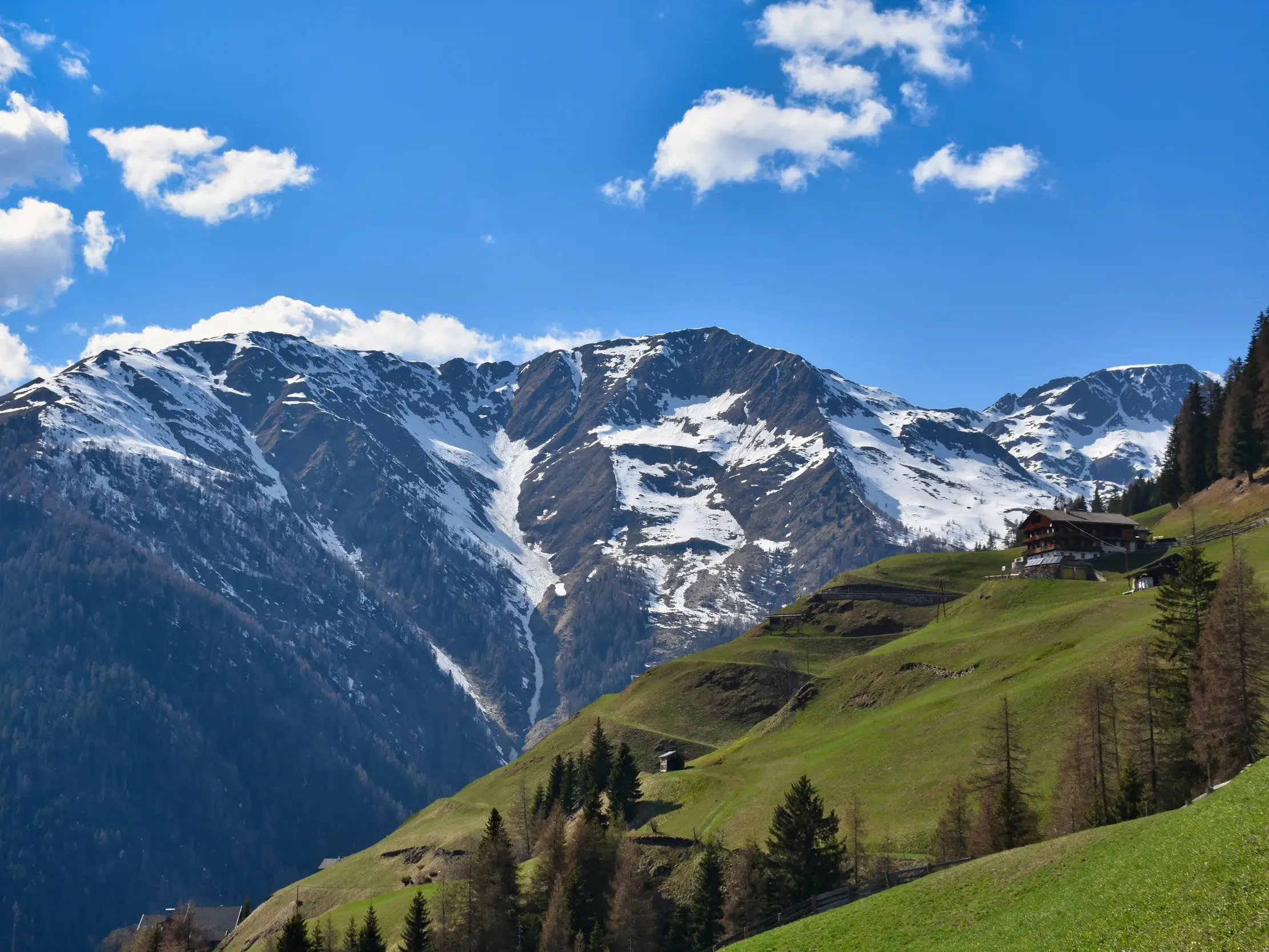 Grüne Almwiesen und eine Hütte im Villgratental unter einem blauen Himmel, im Hintergrund die schneebedeckten Gipfel Osttirols.