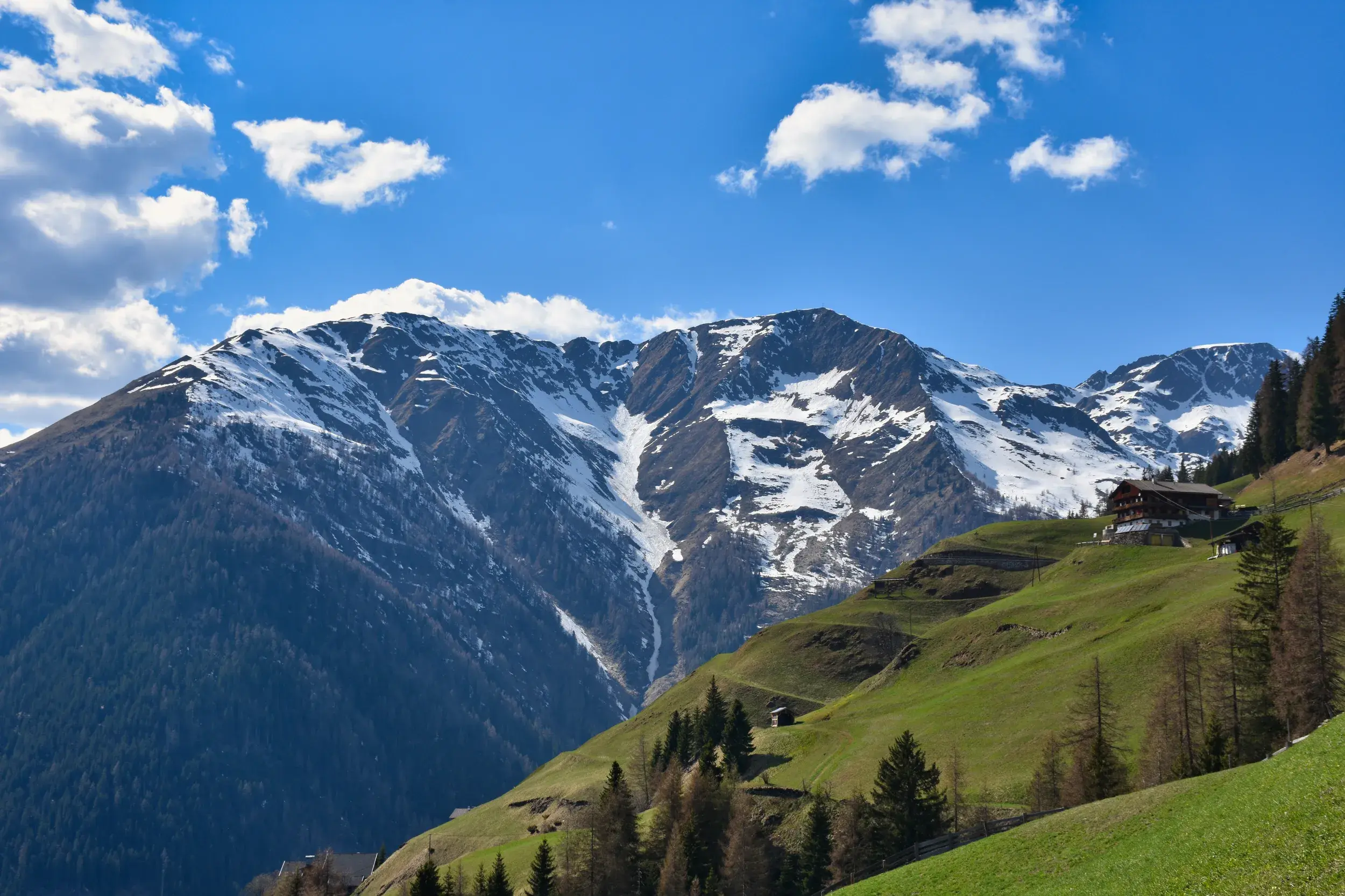 Grüne Almwiesen und eine Hütte im Villgratental unter einem blauen Himmel, im Hintergrund die schneebedeckten Gipfel Osttirols.