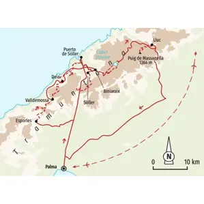 Reiseroute der Trekkingreise auf Mallorca. Karte der Wanderung durch die Tramuntana von Esporles über Deià bis zum Kloster Lluc.