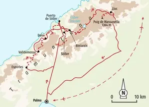 Reiseroute der Trekkingreise auf Mallorca. Karte der Wanderung durch die Tramuntana von Esporles über Deià bis zum Kloster Lluc.