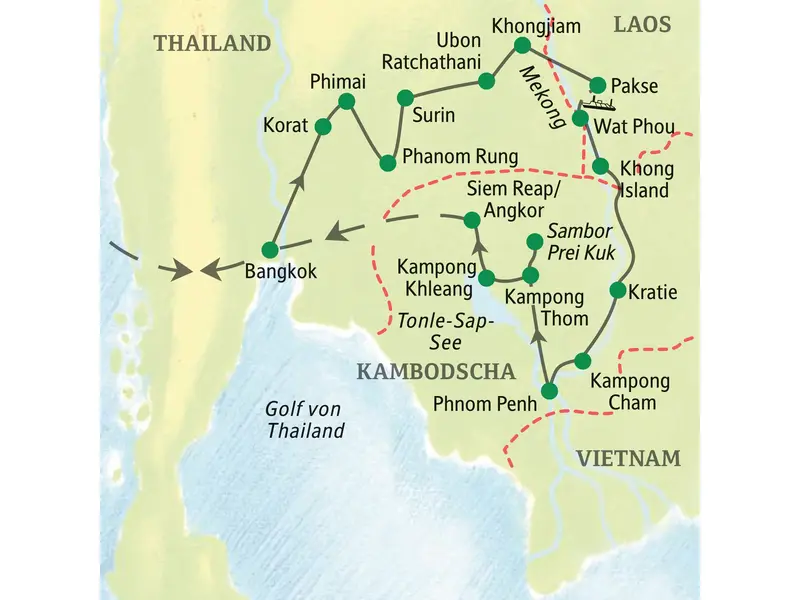 Karte der Studiosus-Studienreise durch Thailand, Laos und Kambodscha: Route von Bangkok über den Mekong nach Angkor Wat.