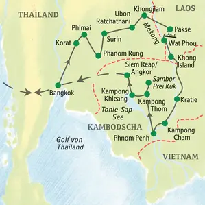 Karte der Studiosus-Studienreise durch Thailand, Laos und Kambodscha: Route von Bangkok über den Mekong nach Angkor Wat.