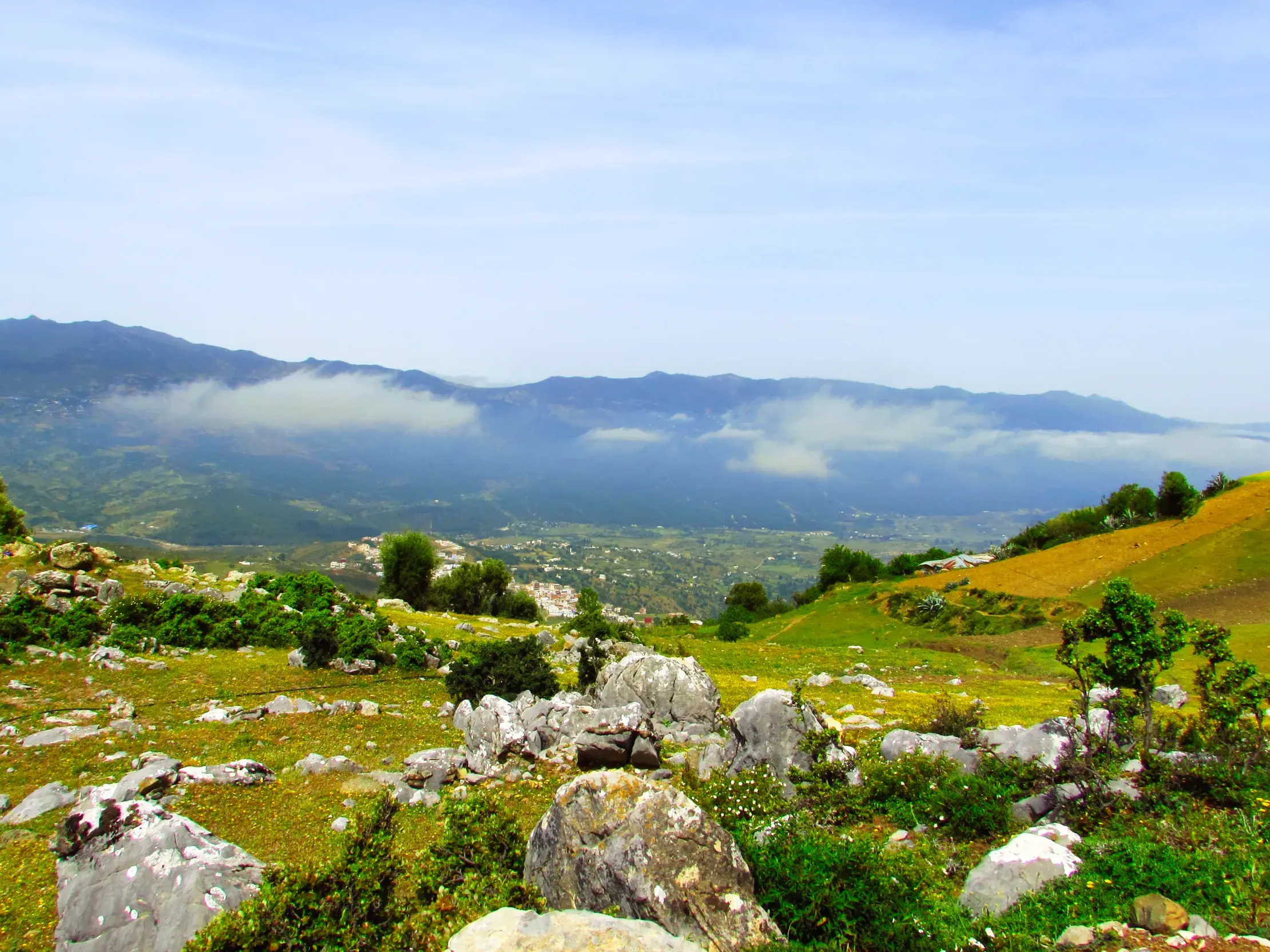 Panoramablick beim Wandern über ein grünes Tal auf die wolkenverhangene Bergkette des Rif-Gebirges in Nordmarokko.