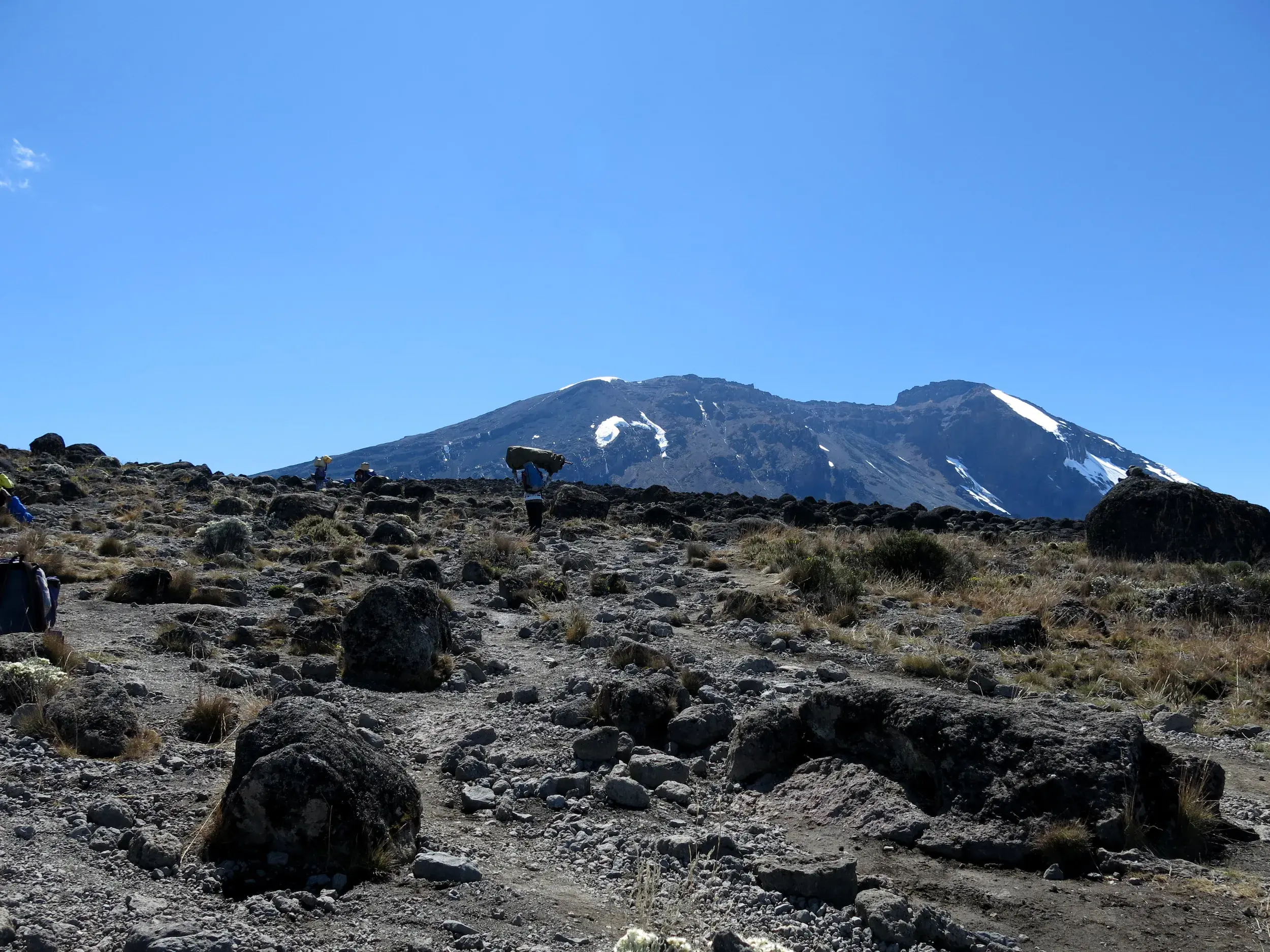 Eine Trekkinggruppe und Träger wandern durch die karge Steinwüste am Kilimanjaro mit Blick auf den schneebedeckten Gipfel.