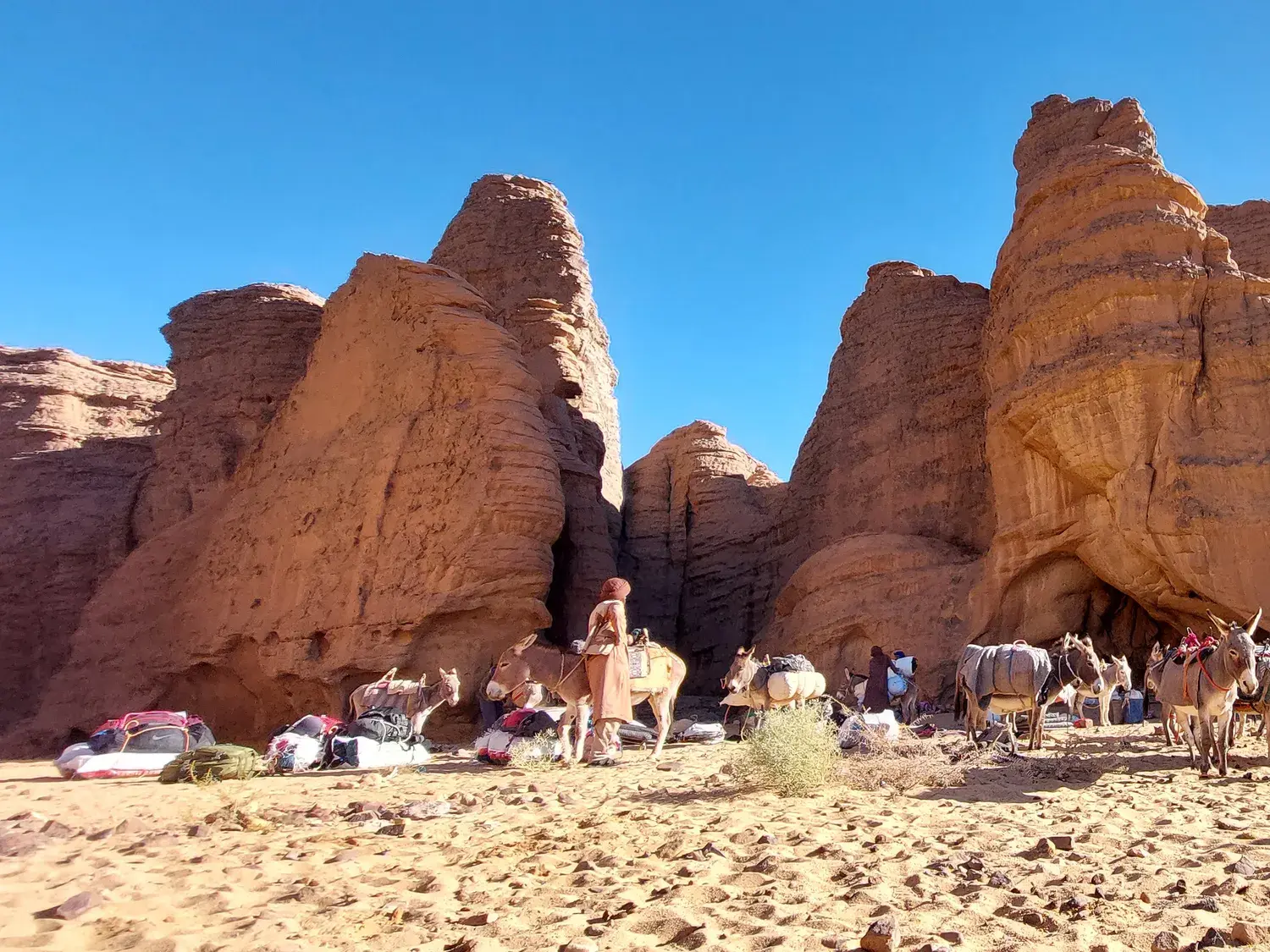 Tuareg-Begleiter mit beladenen Packeseln bei einer Rast vor mächtigen Sandsteinfelsen im Tassili n'Ajjer Nationalpark.