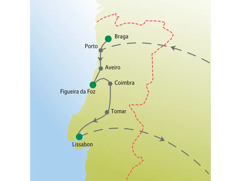 Landkarte der Studiosus Studienreise in Portugal: Reiseroute von Braga im Norden über Porto und Coimbra nach Lissabon im Süden.