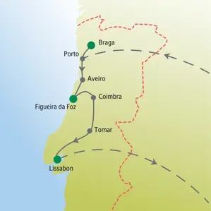Landkarte der Studiosus Studienreise in Portugal: Reiseroute von Braga im Norden über Porto und Coimbra nach Lissabon im Süden.