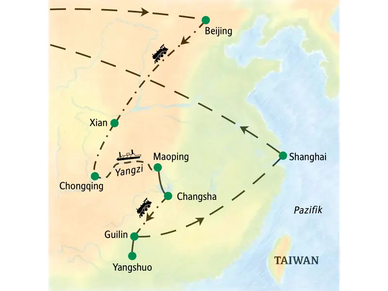 Karte der Studienreise durch China, die von Beijing über Xian, Chongqing, den Yangzi, Guilin und Changsha nach Shanghai führt.