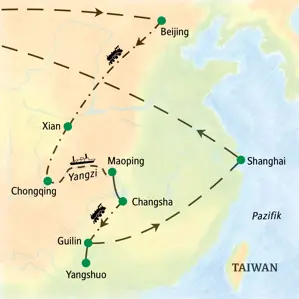 Karte der Studienreise durch China, die von Beijing über Xian, Chongqing, den Yangzi, Guilin und Changsha nach Shanghai führt.
