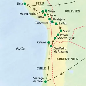 Karte der Studienreise von Santiago de Chile über den Salar de Uyuni, Titicacasee und Machu Picchu nach Lima.