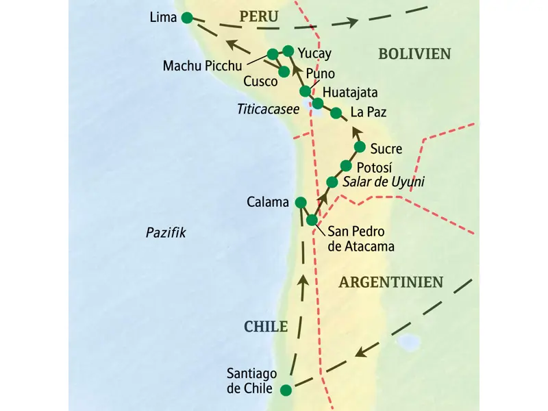 Karte der Studienreise von Santiago de Chile über den Salar de Uyuni, Titicacasee und Machu Picchu nach Lima.