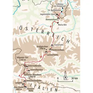 Karte der Hauser Alpenüberquerung vom Königssee über die Hohen Tauern und den Großglockner bis zu den Drei Zinnen in den Dolomiten.