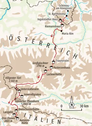 Karte der Hauser Alpenüberquerung vom Königssee über die Hohen Tauern und den Großglockner bis zu den Drei Zinnen in den Dolomiten.