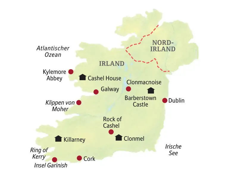 Karte der Studienreise durch Irland: Die Route führt von Dublin über Galway, die Klippen von Moher, Killarney und Cork.