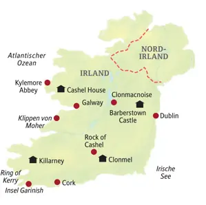 Karte der Studienreise durch Irland: Die Route führt von Dublin über Galway, die Klippen von Moher, Killarney und Cork.