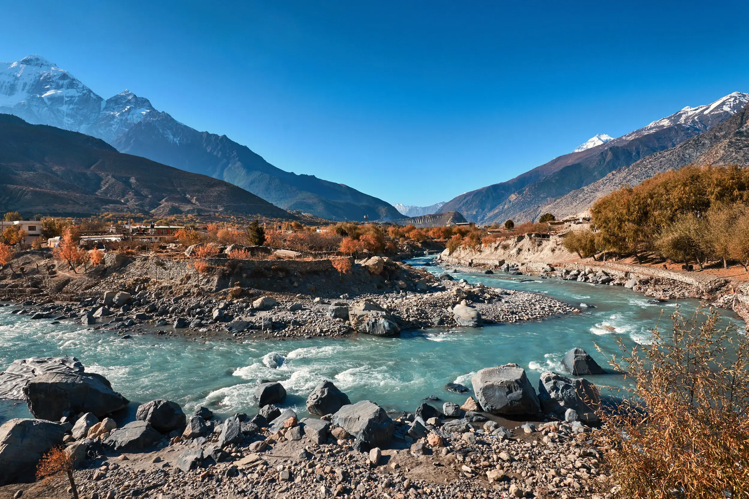 Türkisblauer Kali Gandaki Fluss in der Hochwüste von Lower Mustang vor der Kulisse des schneebedeckten Dhaulagiri.