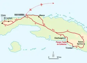 Karte der Hauser Wanderreise auf Kuba. Die Route startet in Havanna und führt über Viñales, Trinidad und Cienfuegos nach Jibacoa.