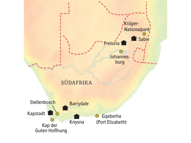 Karte der Kleingruppenreise in Südafrika von Johannesburg über den Krügerpark und die Garden Route nach Kapstadt.