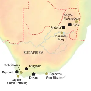 Karte der Kleingruppenreise in Südafrika von Johannesburg über den Krügerpark und die Garden Route nach Kapstadt.