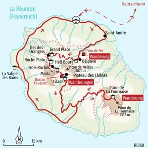 Routenverlauf der Trekkingreise auf La Réunion durch den Mafate-Talkessel über Cilaos zum Vulkan Piton de la Fournaise.