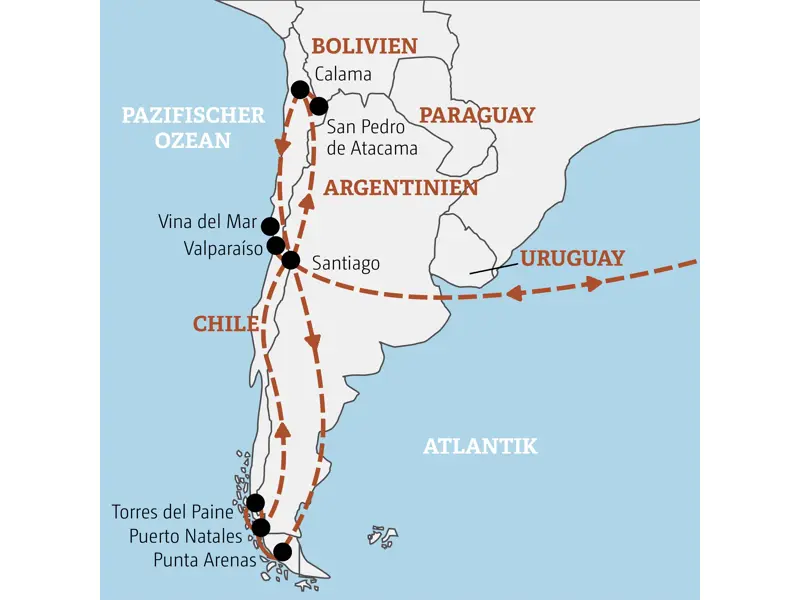 Reiseroute unserer Marco Polo YOUNG LINE TRAVEL Gruppenreise für junge Leute in Chile: von Santiago zur Atacamawüste, nach Patagonien und Valparaíso.