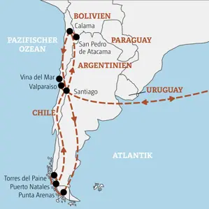 Reiseroute unserer Marco Polo YOUNG LINE TRAVEL Gruppenreise für junge Leute in Chile: von Santiago zur Atacamawüste, nach Patagonien und Valparaíso.