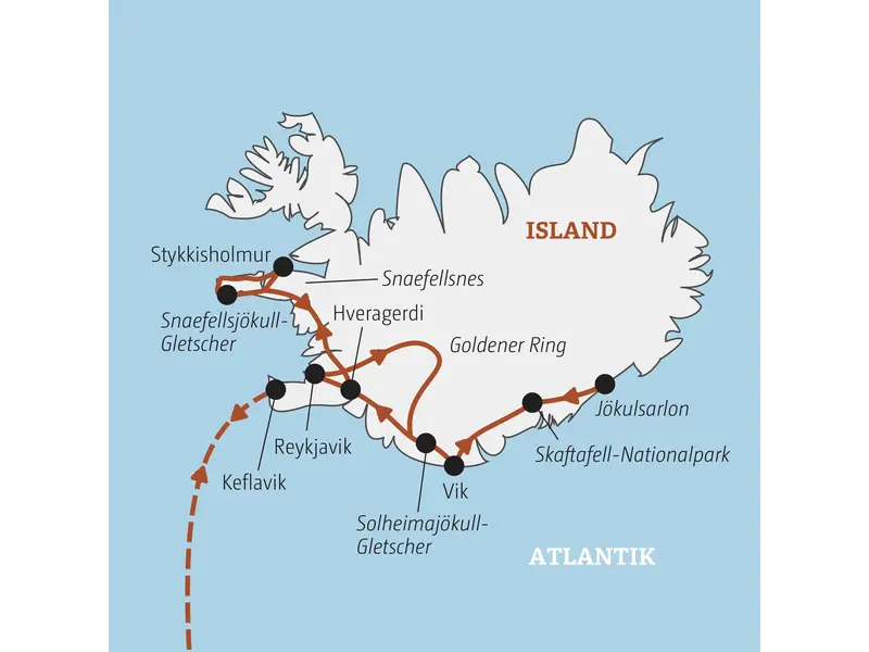 Karte der geführten Rundreise in Island von Reykjavik über Vik und Jökulsarlon bis zur Halbinsel Snaefellsnes.